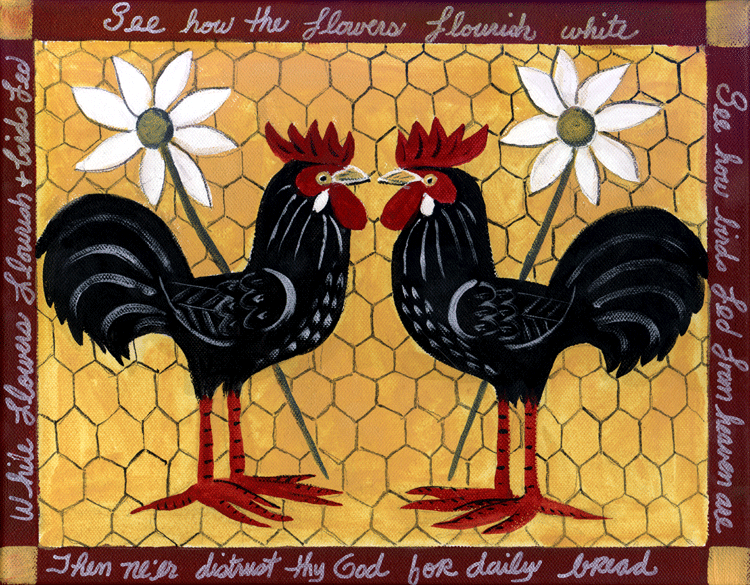 750x585 Two Roosters Folk Art Print Chicken Painting - Folk Art Chicken Painting