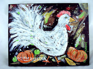 300x225 Autumn Harvest Rooster Original Folk Art Chicken Painting By - Folk Art Chicken Painting