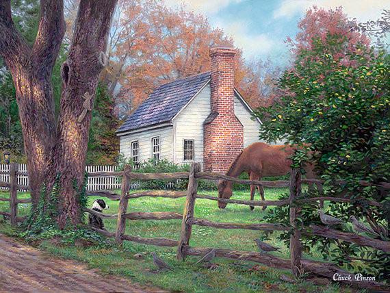 570x428 Folk Art Cottage Painting, Horses Art, Painting Of Country - Folk Art Horse Painting