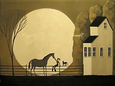 225x168 Original Painting Folk Art Landscape Antique Look Horse Moon Black - Folk Art Horse Painting
