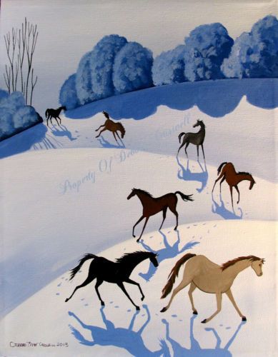 389x500 Original Painting Folk Art Landscape Winter Snow Horses Black Bay - Folk Art Horse Painting