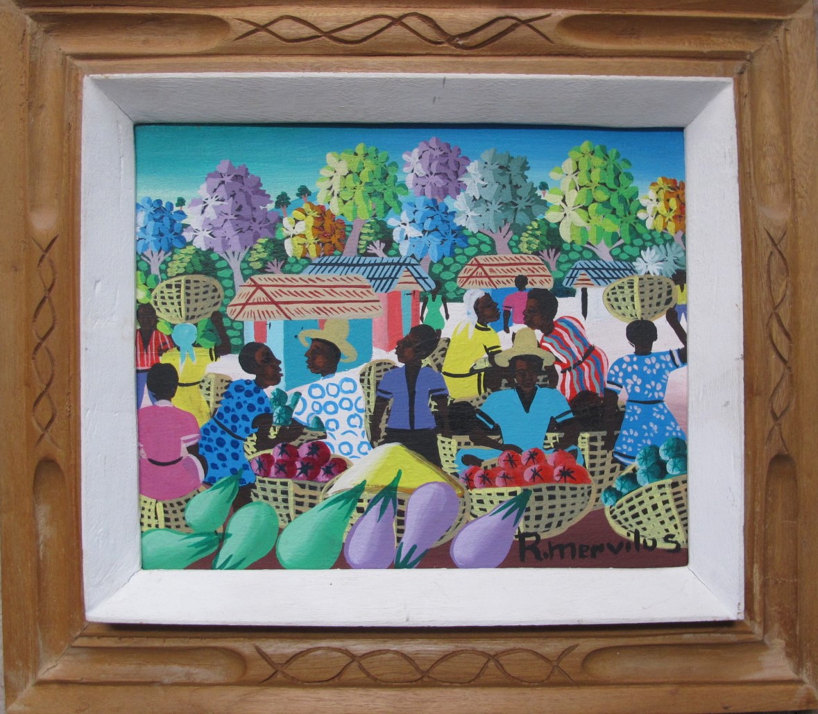 1179x1029 Haitian Folk Art Painting By R. Mervilus, Market Scene 8 X 10 Y - Folk Art Painting