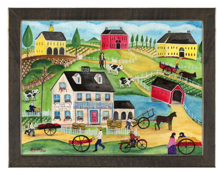 750x600 Primitive Folk Art Painting Victorian Brookside Village Framed - Folk Art Painting