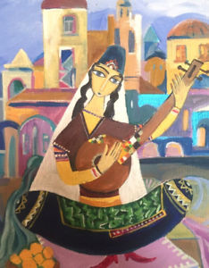 234x300 Folk Art Painting Love Music Middle Eastern Musical Instrument - Folk Art Painting