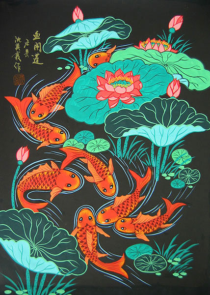 428x600 Fish Crowd - Folk Art Painting
