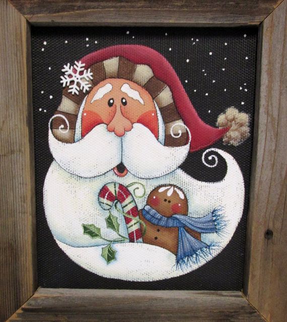 570x639 Folk Art Santa With Gingerbread Man And Candy Cane, Tole Or Hand - Folk Art Santa Painting