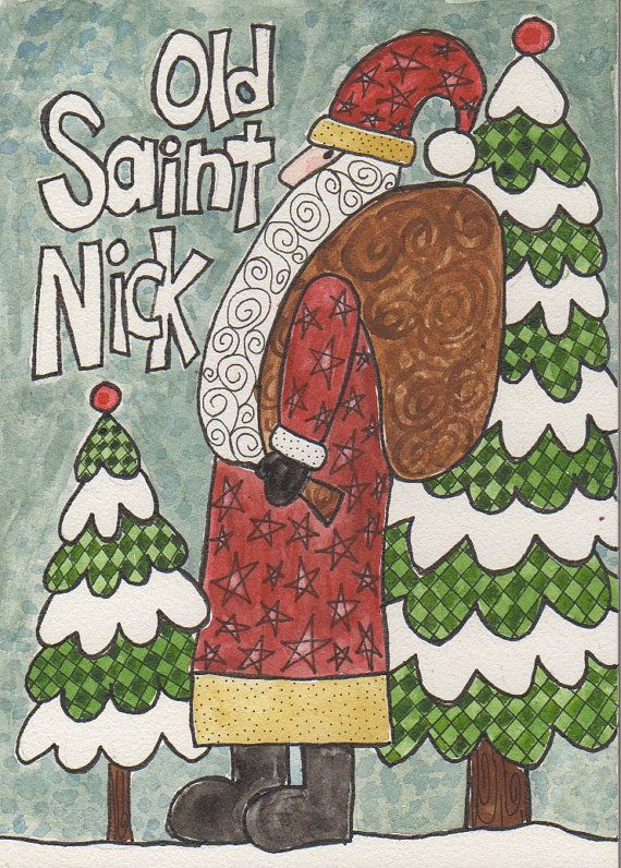 570x796 Old Saint Nick 5 X 7 Original Watercolor On Hardboard, Christmas - Folk Art Santa Painting