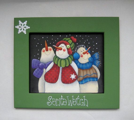 570x508 Christmas Folk Art Three Snowmen Watching For By Barbsheartstrokes - Folk Art Santa Painting