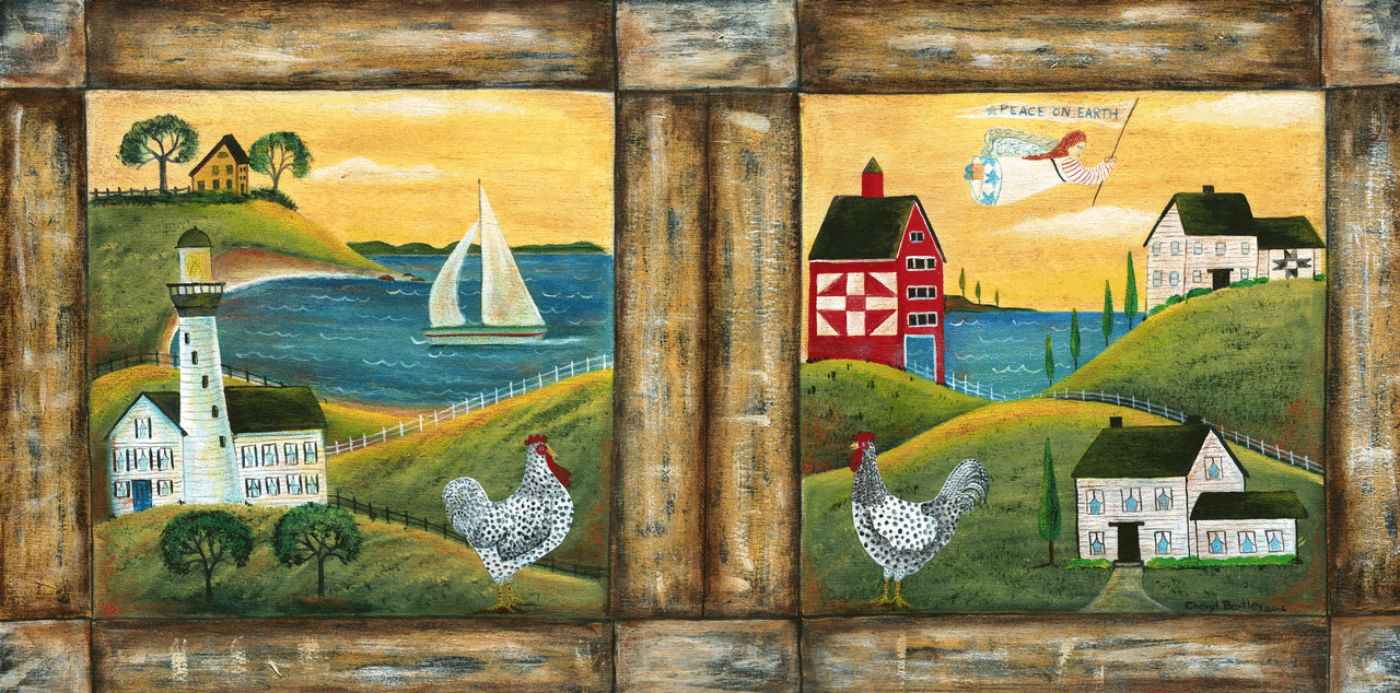 1280x634 Folk Art Painting On Wooden Board Seaside Angel Country Blessing - Folk Painting