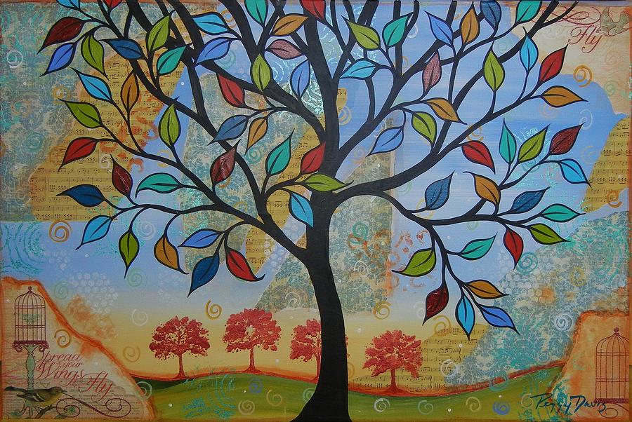 900x602 Folk Art Tree Painting By Peggy Davis - Folk Painting