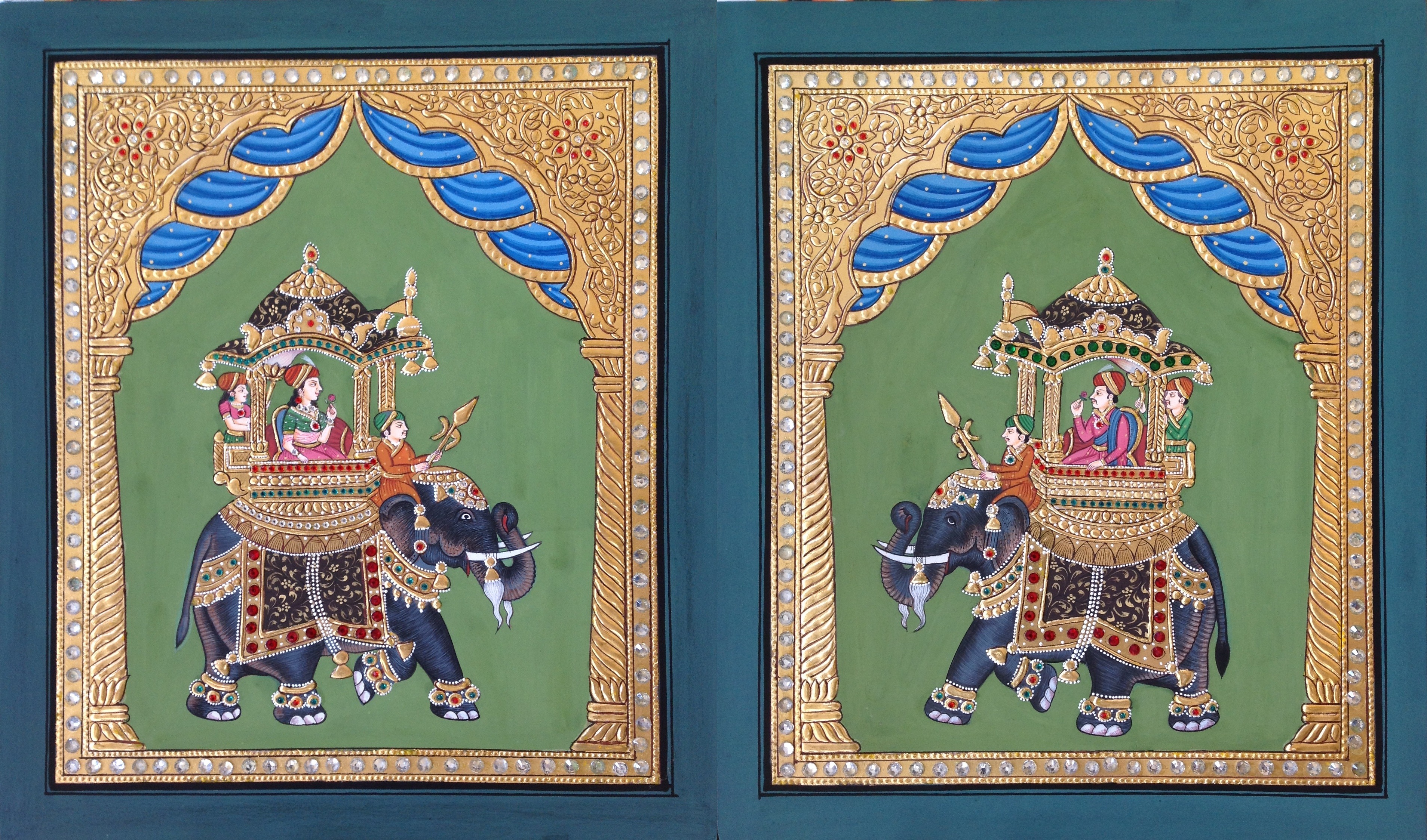 3816x2248 Mughal Miniature Tanjore Art Handmade Ambabari Elephant Thanjavur - Folk Painting