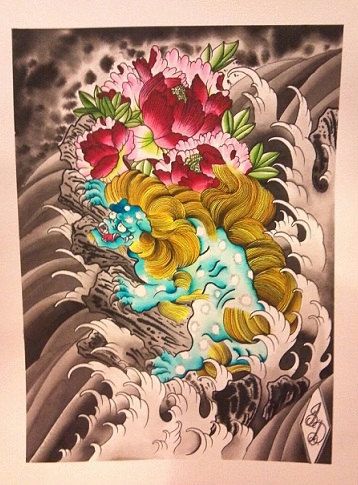 358x485 Original Japanese Tattoo Style Foo Dog Watercolor Painting - Foo Dog Painting