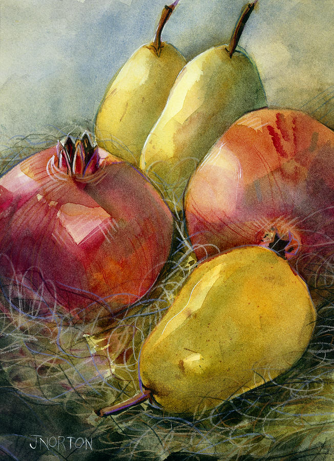 652x900 Pomegranates And Pears Painting By Jen Norton - Food Painting