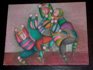 300x225 J Roybal Oil Painting Of Children Playing Football Ebay - Football Painting