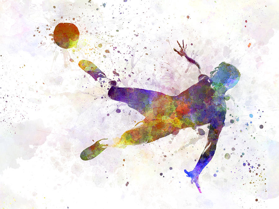 900x675 Man Soccer Football Player Flying Kicking Painting By Pablo Romero - Football Player Painting