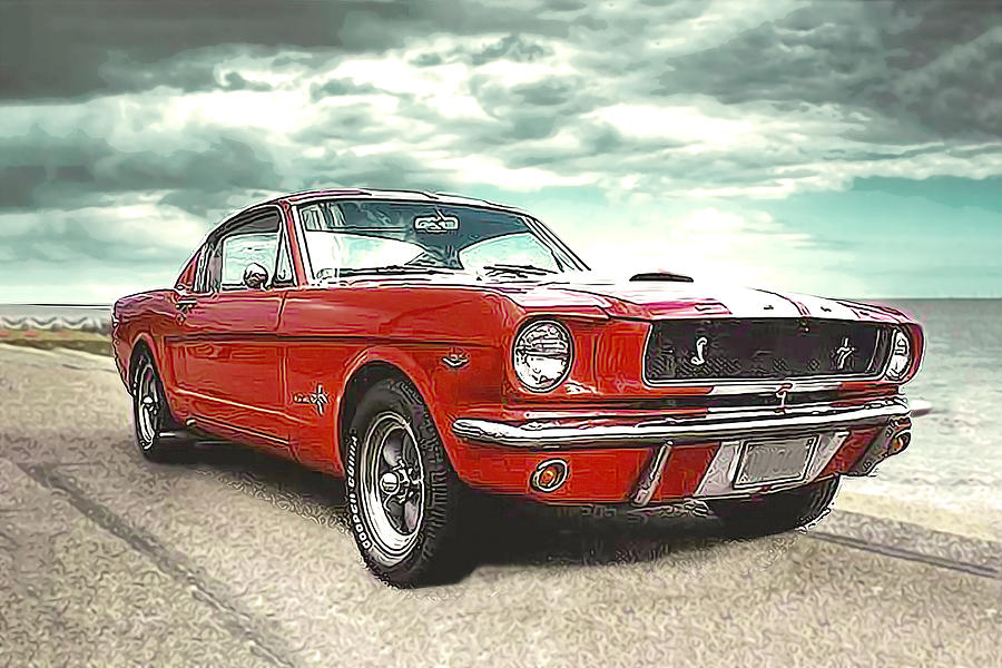 900x600 Red Ford Mustang Cobra Painting By Elaine Plesser - Ford Mustang Painting