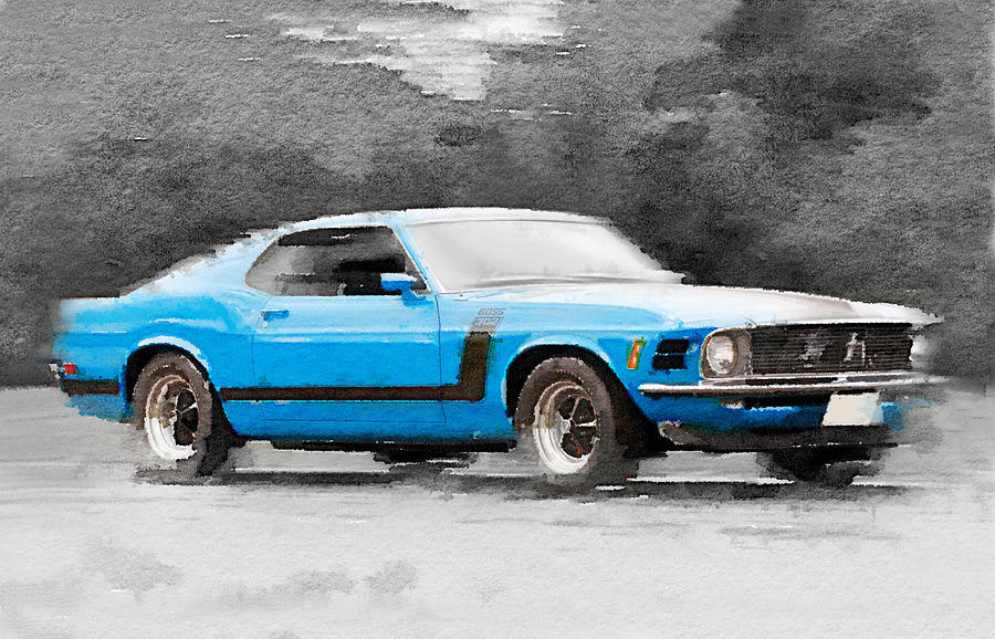 900x578 1970 Ford Mustang Boss Blue Watercolor Painting By Naxart Studio - Ford Mustang Painting