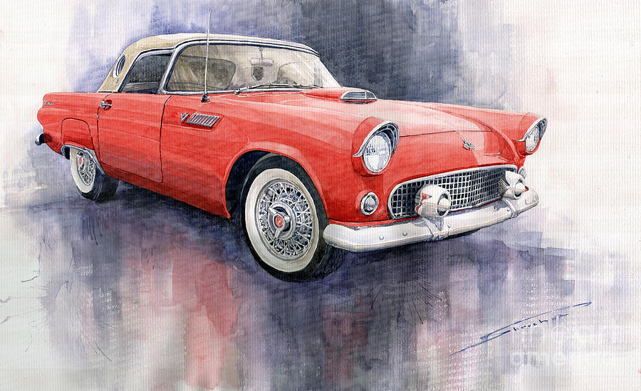 900x549 Ford Thunderbird 1955 Red Painting By Yuriy Shevchuk - Ford Painting
