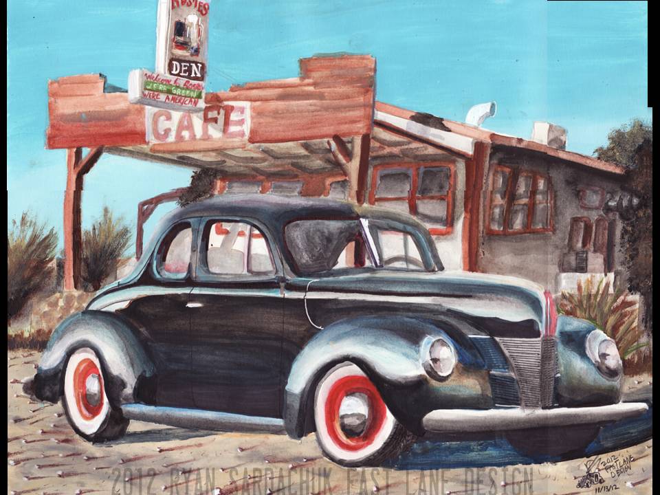 960x720 1940 Ford Coupe At Rosies Den (Painting) By Fastlaneillustration - Ford Painting
