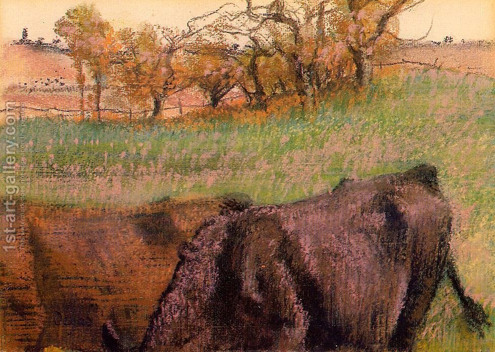 977x696 Landscape Cows In The Foreground Edgar Degas Reproduction 1st - Foreground Painting