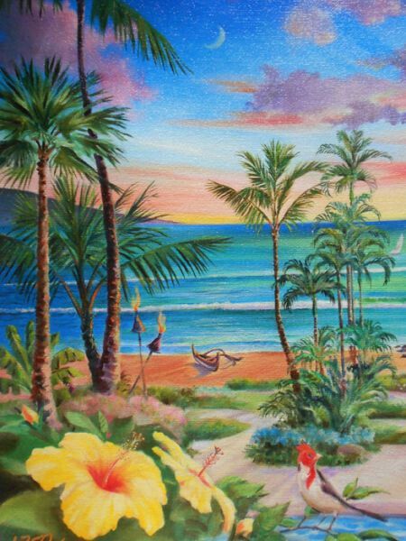 450x600 Unique Tropical Painting With Hibiscus Flowers In The Foreground - Foreground Painting