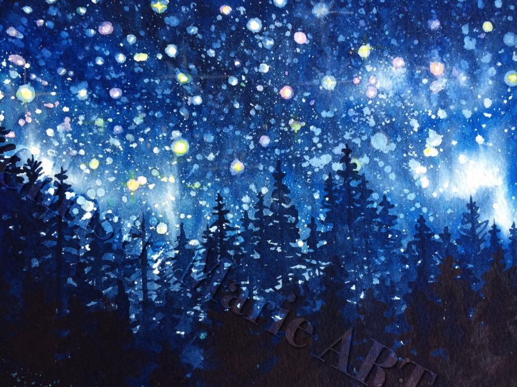 1024x768 Alpine Forest Night Sky Stars Fine Art Watercolor Giclee Print - Forest At Night Painting