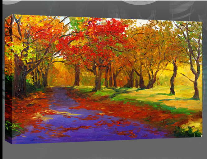 666x511 Walk Path In The Autumn Forest Painting Single Canvas Print 52x77cm - Forest Canvas Painting