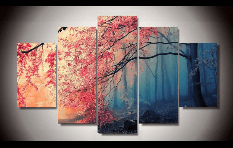 791x503 5 Panel Red Maple Tree Forest Canvas Painting Octotreasure - Forest Canvas Painting