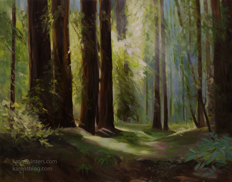 900x707 Light In The Forest California Redwood Forest Oil Painting - Forest Landscape Painting