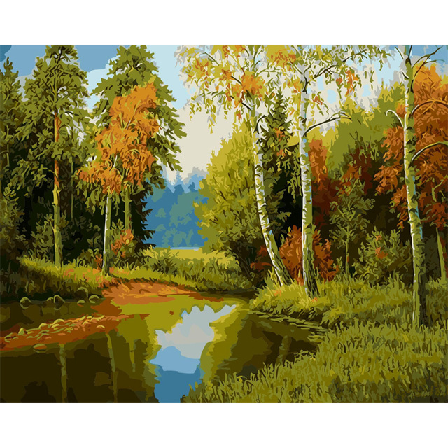 640x640 No Frame Diy Painting By Numbers Drawing Forest Landscape Painting - Forest Landscape Painting