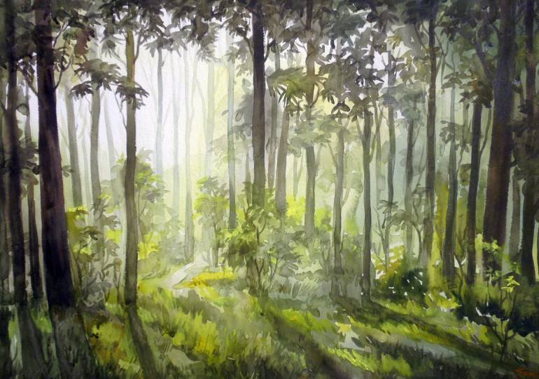 770x541 Saatchi Art Early Morning Light Inside A Forest Watercolor - Forest Painting