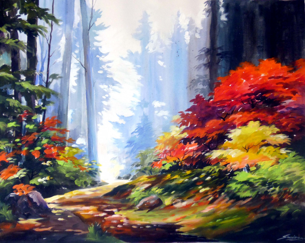 1000x797 Beauty Of Flowers In A Forest, Painting By Samiran Sarkar - Forest Painting