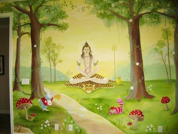 576x432 Hindu Gods Meet Alice In Wonderland, Nursery Mural = Completely - Forest Painting For Kids