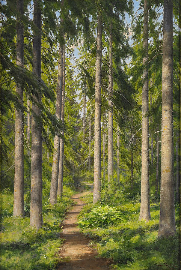 604x900 Sunlit Forest Path Painting By Johan Krouthen - Forest Path Painting