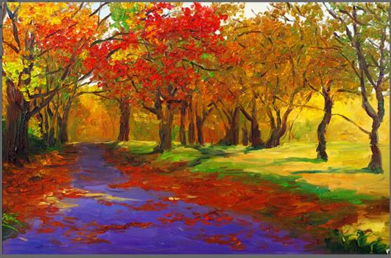 557x368 Walk Path In The Autumn Forest Painting Single Canvas Print 52x77cm - Forest Path Painting