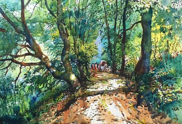 720x490 Forest Scene By Artist Bijay Biswaal Nature Art Watercolor - Forest Scene Painting
