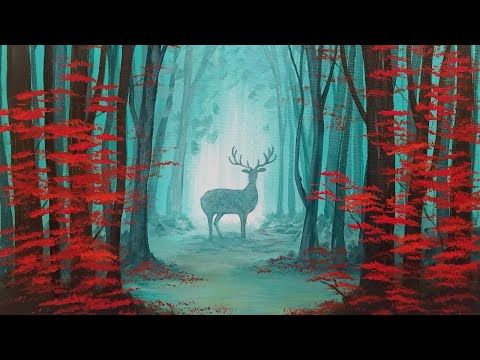 480x360 Easy Beginner Tutorial Autumn Forest Landscape With Deer - Forest Silhouette Painting