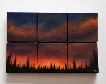340x270 Forest Silhouette Painting Forest At Dusk Blue Purple Sky - Forest Silhouette Painting