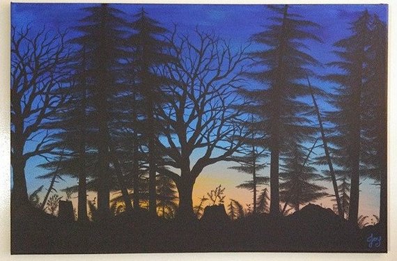 570x375 Sunrise Sunset Forest Original Painting Tree Silhouette - Forest Silhouette Painting