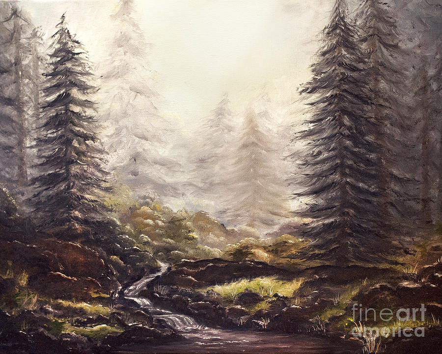 900x720 Misty Forest Stream Painting By Angelina Cornidez - Forest Stream Painting