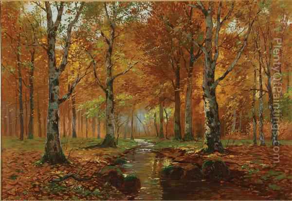600x414 Tranquil Fall Forest View With Stream Oil Painting Reproduction By - Forest Stream Painting