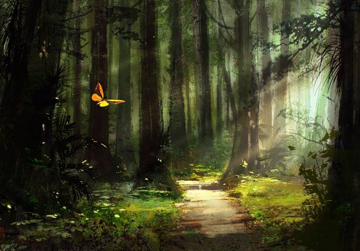 715x500 Butterflies Flying In Beautiful Forest Path Covred In Trees - Forest Trees Painting