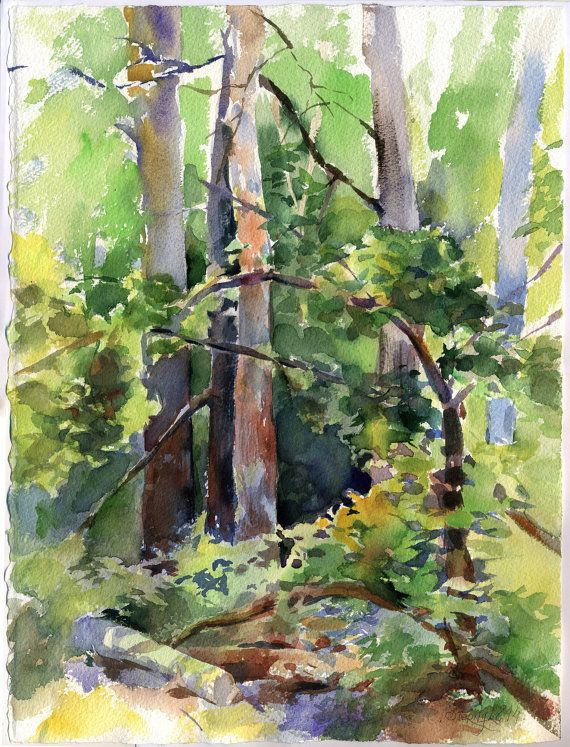570x747 Print Of Forest Watercolor Painting, Green Trees - Forest Watercolor Painting