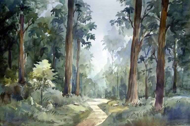 770x510 Saatchi Art Mountain Dense Forest - Forest Watercolor Painting