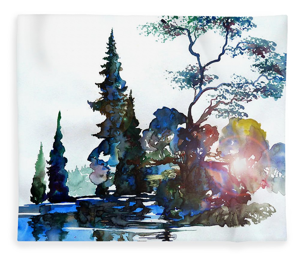 1000x860 Watercolor Forest And Pond Fleece Blanket For Sale By Curtiss Shaffer - Forest Watercolor Painting