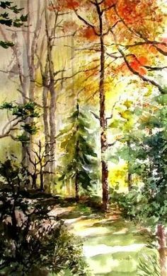 236x391 Watercolor Landscape With Trees - Forest Watercolor Painting