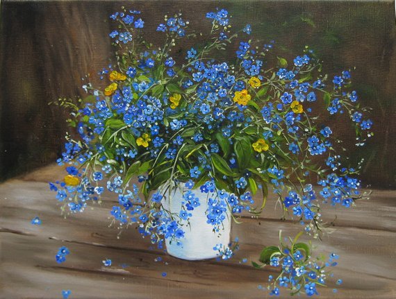 570x431 Forget Me Not Floral Oil Paintings Original Still Life - Forget Me Not Flower Painting