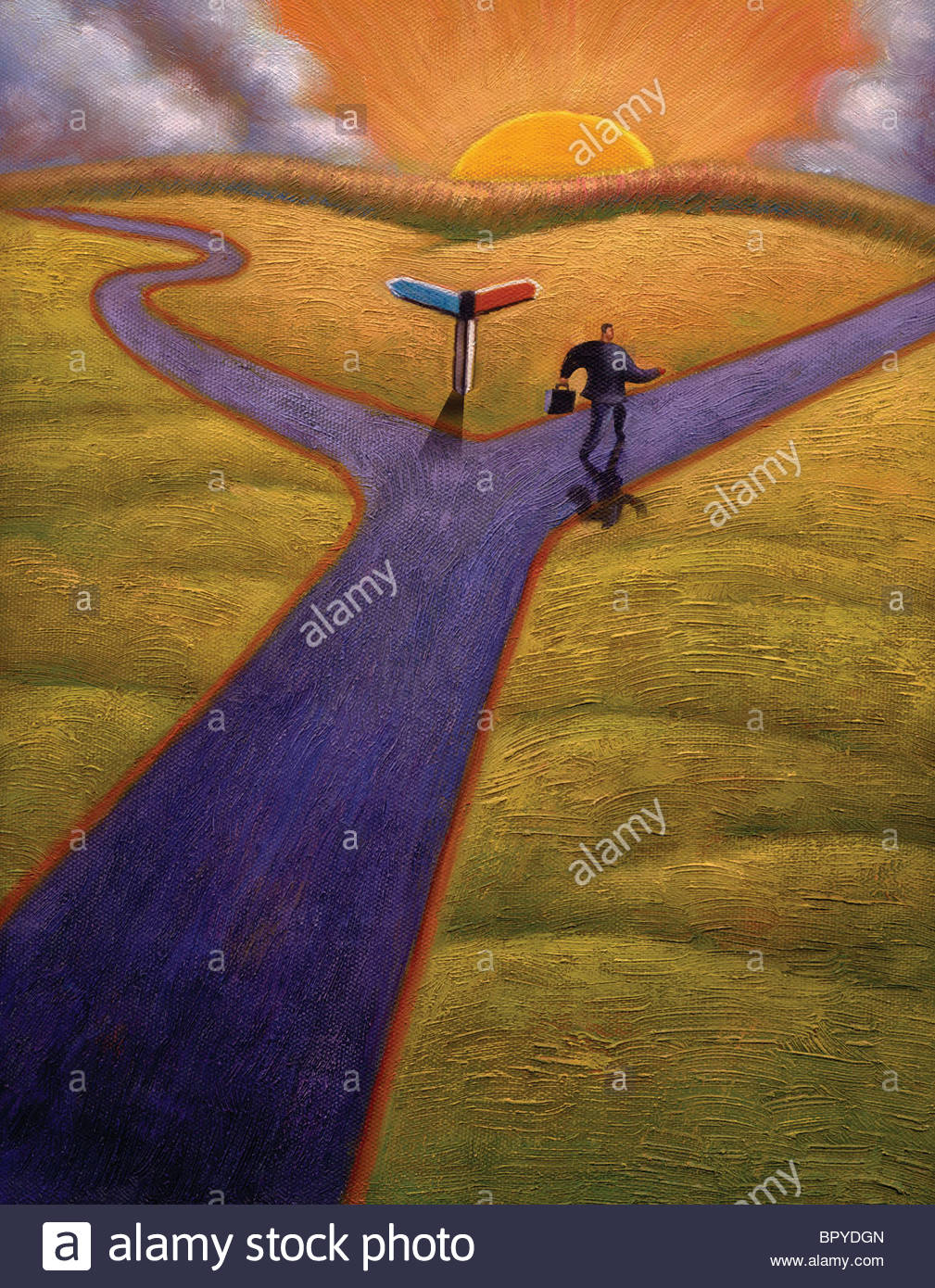 1009x1390 Businessman Taking One Of Two Paths - Fork In The Road Painting