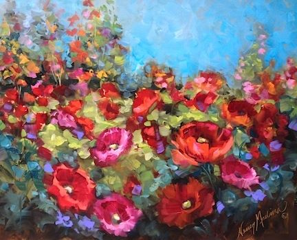 432x350 Spring Formal Pink And Red Poppy Field By Texas Flower Artist - Formal Painting