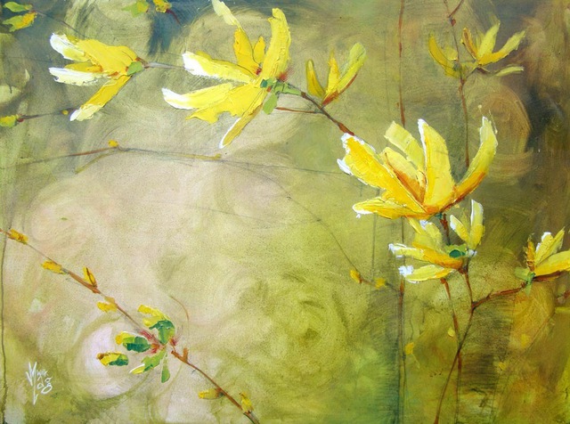 640x476 Mag Wilk Artwork Forsythia Bloom Original Painting Acrylic - Forsythia Painting